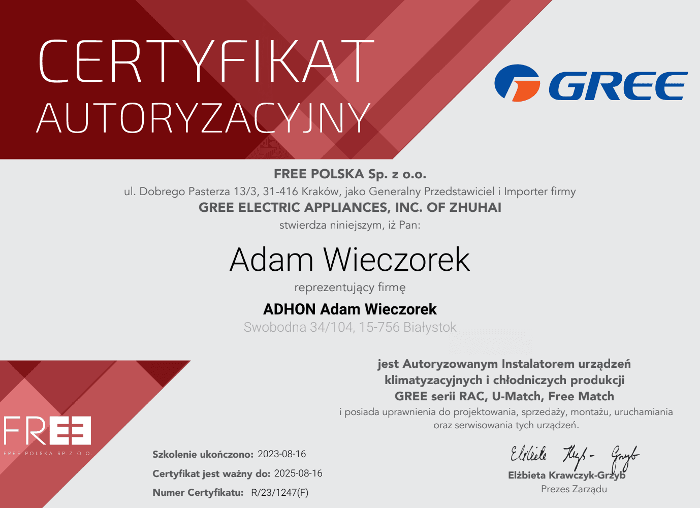 Certyfikat firmy Gree ADHON Adam Wieczorek